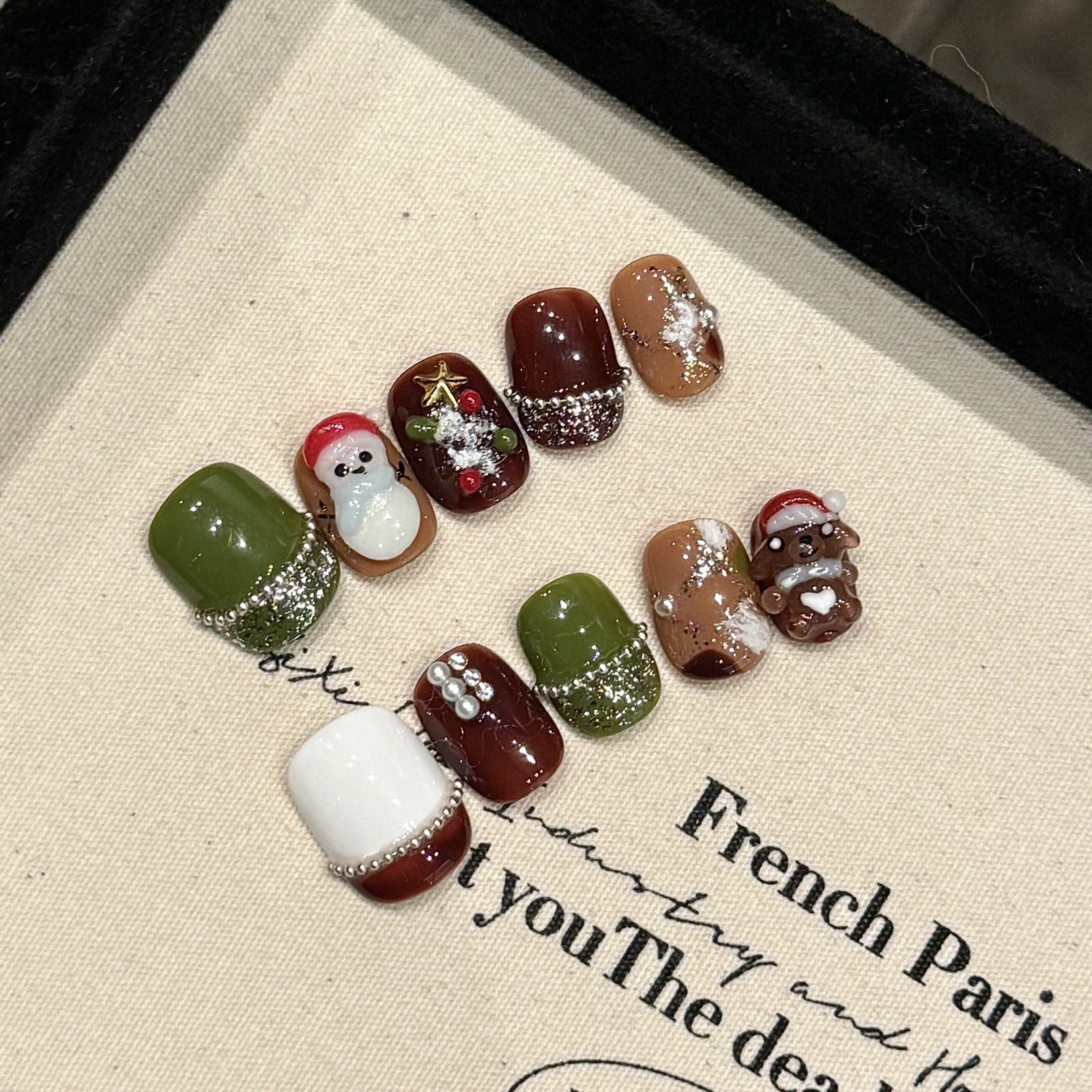 Christmas Bear & Snowman Press‑On Nails – Green and Brown Cozy Short Design - Image 7