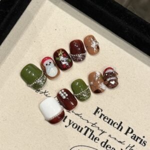 Christmas Bear & Snowman Press‑On Nails – Green and Brown Cozy Short Design