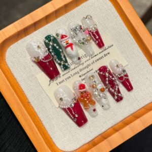 Red and Green Christmas Press‑On Nails – Santa & Gingerbread Design