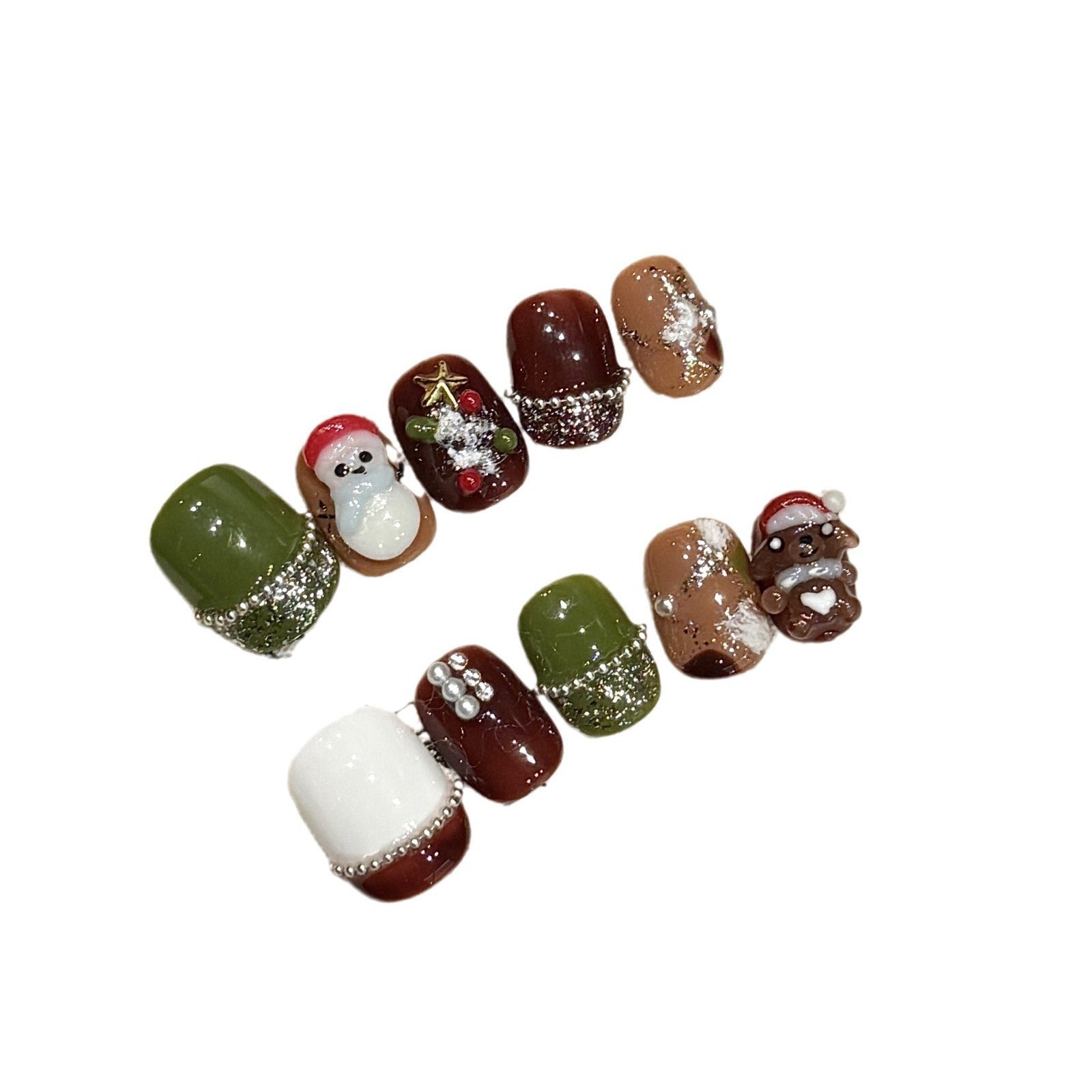 Christmas Bear & Snowman Press‑On Nails – Green and Brown Cozy Short Design – Image 4