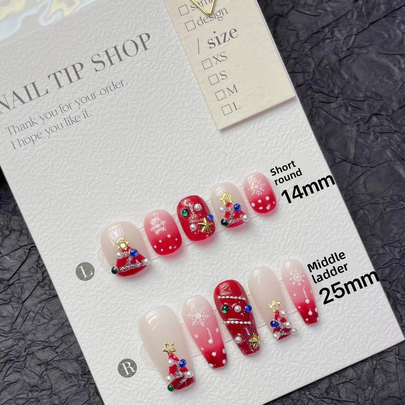Christmas Gradient Press‑On Nails – Red Snowflake & Tree Design
